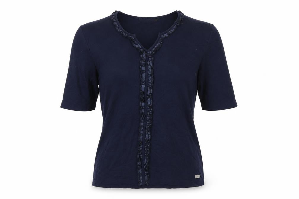 TIGI Women Blue Ruffle Trim Cotton Short Sleeve T-Shirt Size 10/12