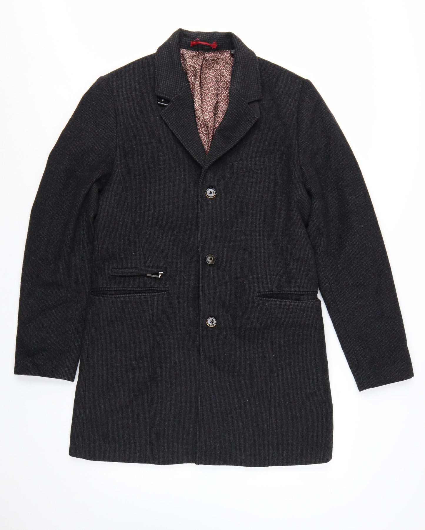 Ted Baker Men's Black Wool Cashmere Blend Mid-Length Overcoat Size M