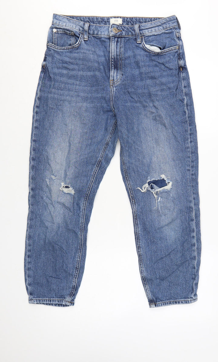 River Island Women's Blue Distressed Boyfriend Jeans Size 14 Relaxed Fit
