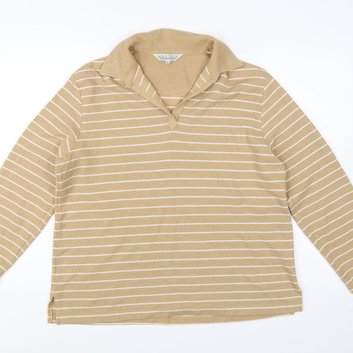 Carolyn Taylor Women Beige Striped Collared Long Sleeve Cotton Blend Top M