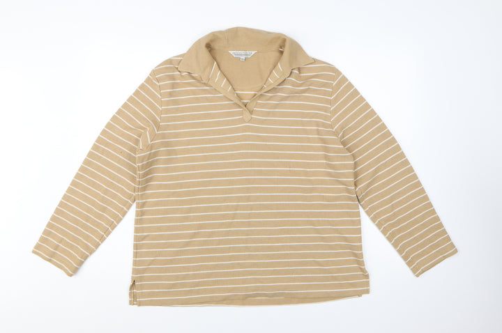 Carolyn Taylor Women Beige Striped Collared Long Sleeve Cotton Blend Top M