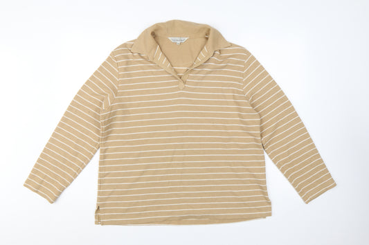 Carolyn Taylor Women Beige Striped Collared Long Sleeve Cotton Blend Top M