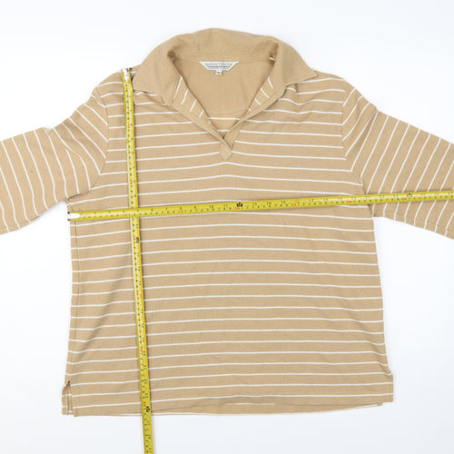 Carolyn Taylor Women Beige Striped Collared Long Sleeve Cotton Blend Top M