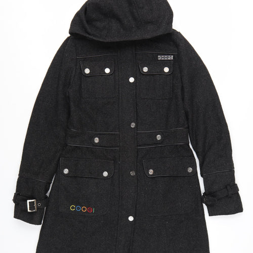 Coogi Women's Black Wool Military Hooded Long Coat Size M