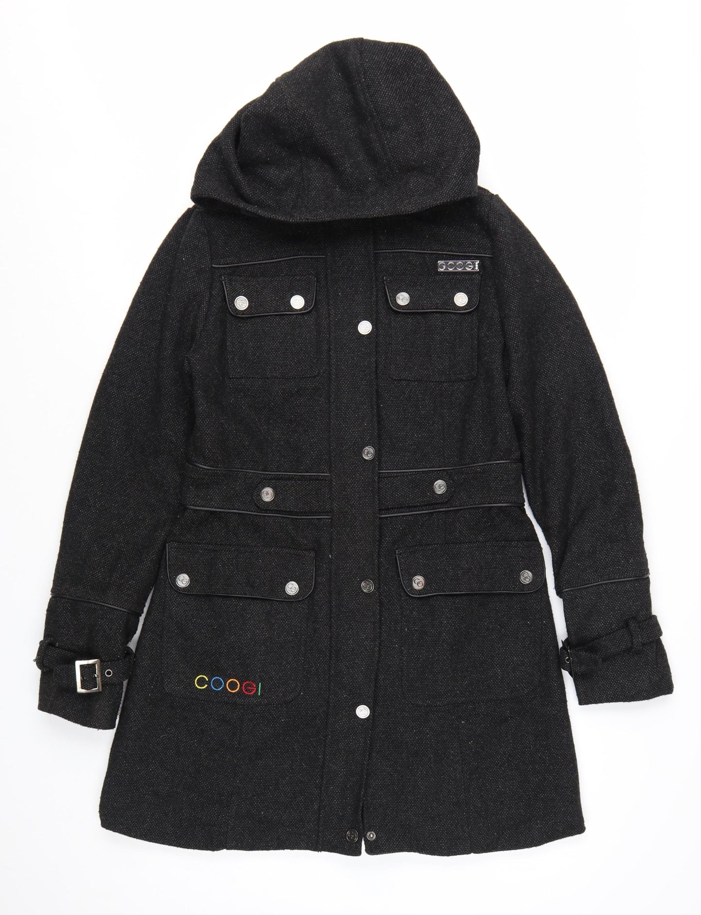 Coogi Women's Black Wool Military Hooded Long Coat Size M