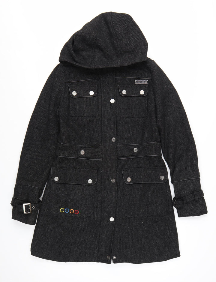 Coogi Women's Black Wool Military Hooded Long Coat Size M