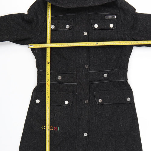 Coogi Women's Black Wool Military Hooded Long Coat Size M