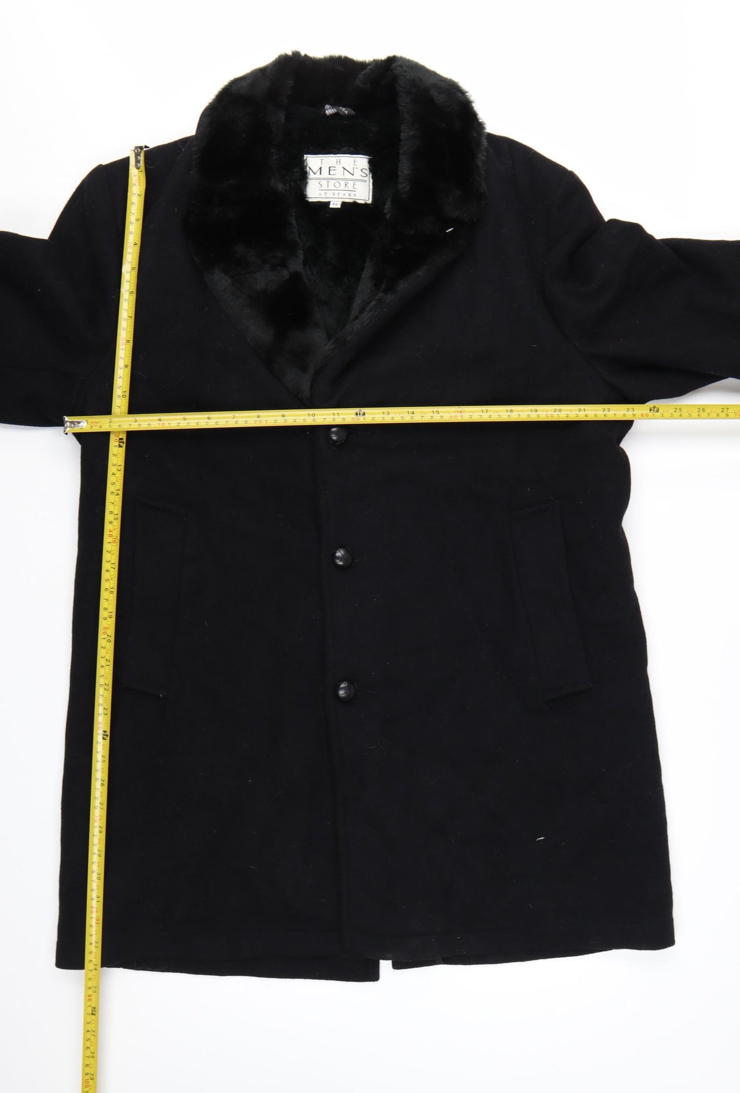 The Men's Store at Sears Men's Black Wool Overcoat 42 Regular Faux Fur Collar