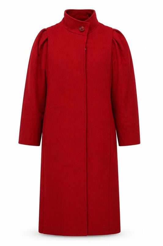 Front view of CAPRI women’s red wool long overcoat, size UK 8, classic style