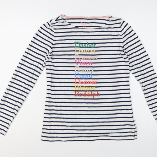 Boden Women's White Navy Striped Long Sleeve Christmas T-Shirt UK 10