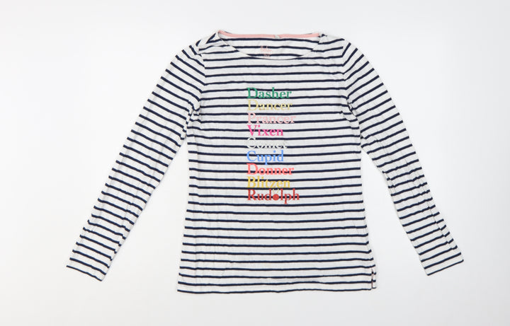 Boden Women's White Navy Striped Long Sleeve Christmas T-Shirt UK 10