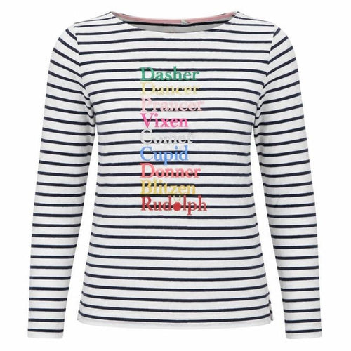 Boden Women's White Navy Striped Long Sleeve Christmas T-Shirt UK 10