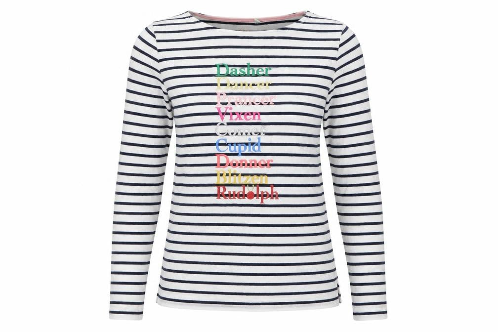 Boden Women's White Navy Striped Long Sleeve Christmas T-Shirt UK 10