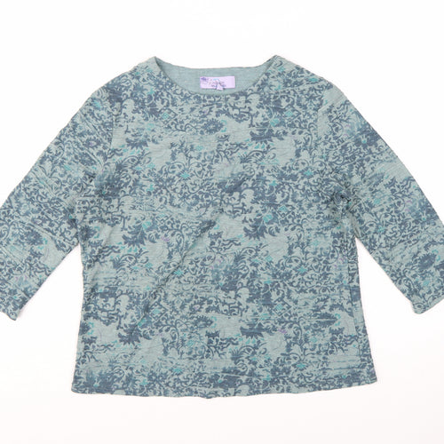 Honor Millburn Womens Blue Floral 3/4 Sleeve Cotton Blend T-Shirt Size 12