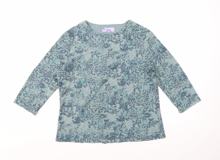 Honor Millburn Womens Blue Floral 3/4 Sleeve Cotton Blend T-Shirt Size 12