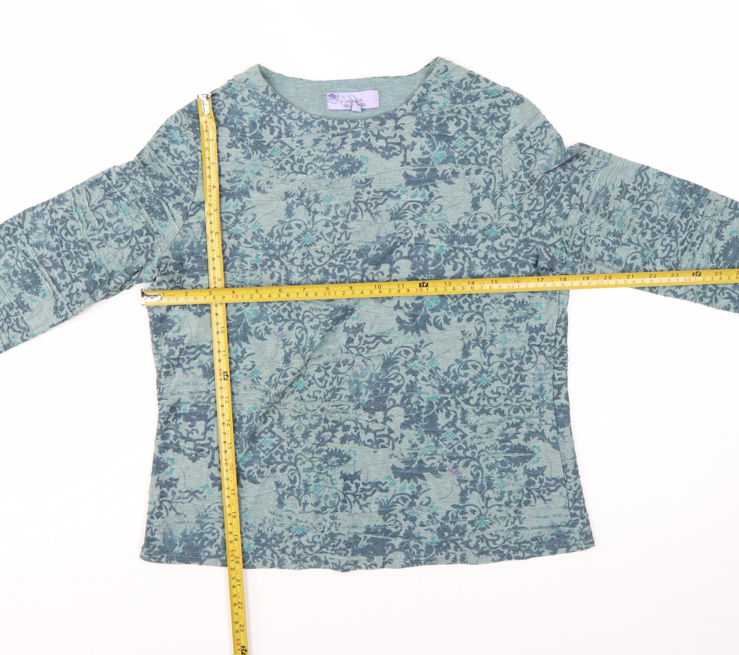 Honor Millburn Womens Blue Floral 3/4 Sleeve Cotton Blend T-Shirt Size 12