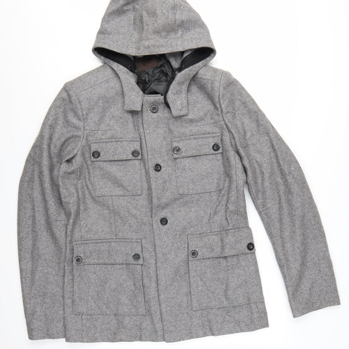Reiss Men's Grey Wool Hooded Overcoat L 42in Lined Button Casual
