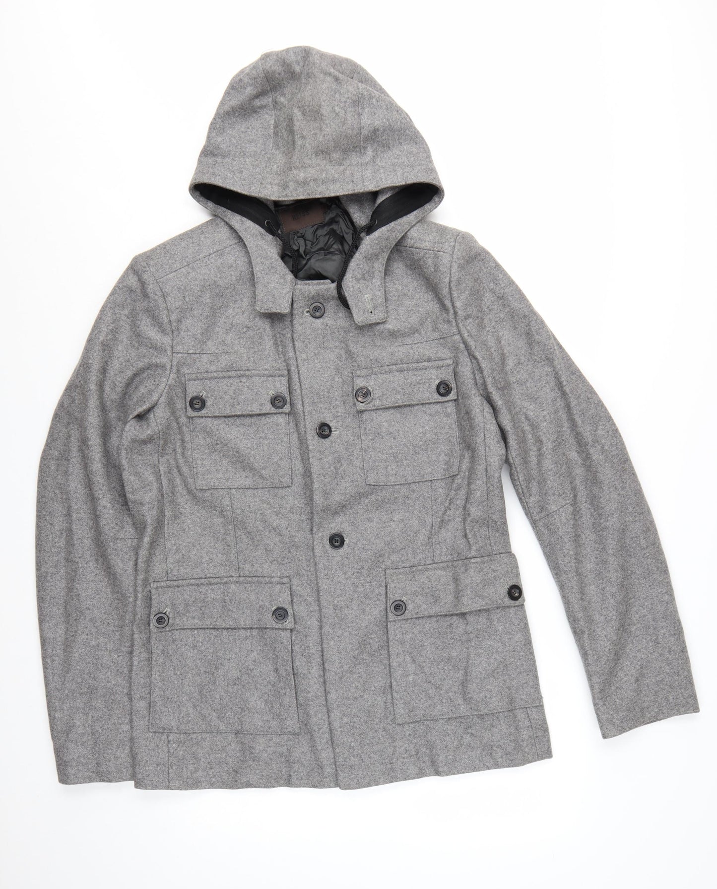 Reiss Men's Grey Wool Hooded Overcoat L 42in Lined Button Casual