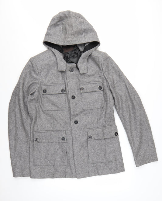 Reiss Men's Grey Wool Hooded Overcoat L 42in Lined Button Casual