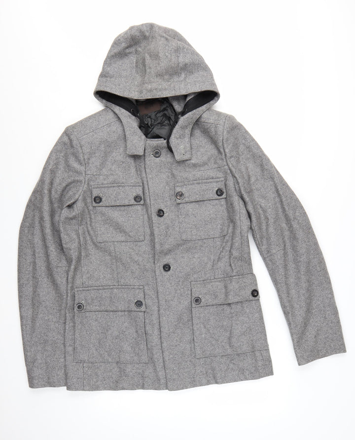 Reiss Men's Grey Wool Hooded Overcoat L 42in Lined Button Casual