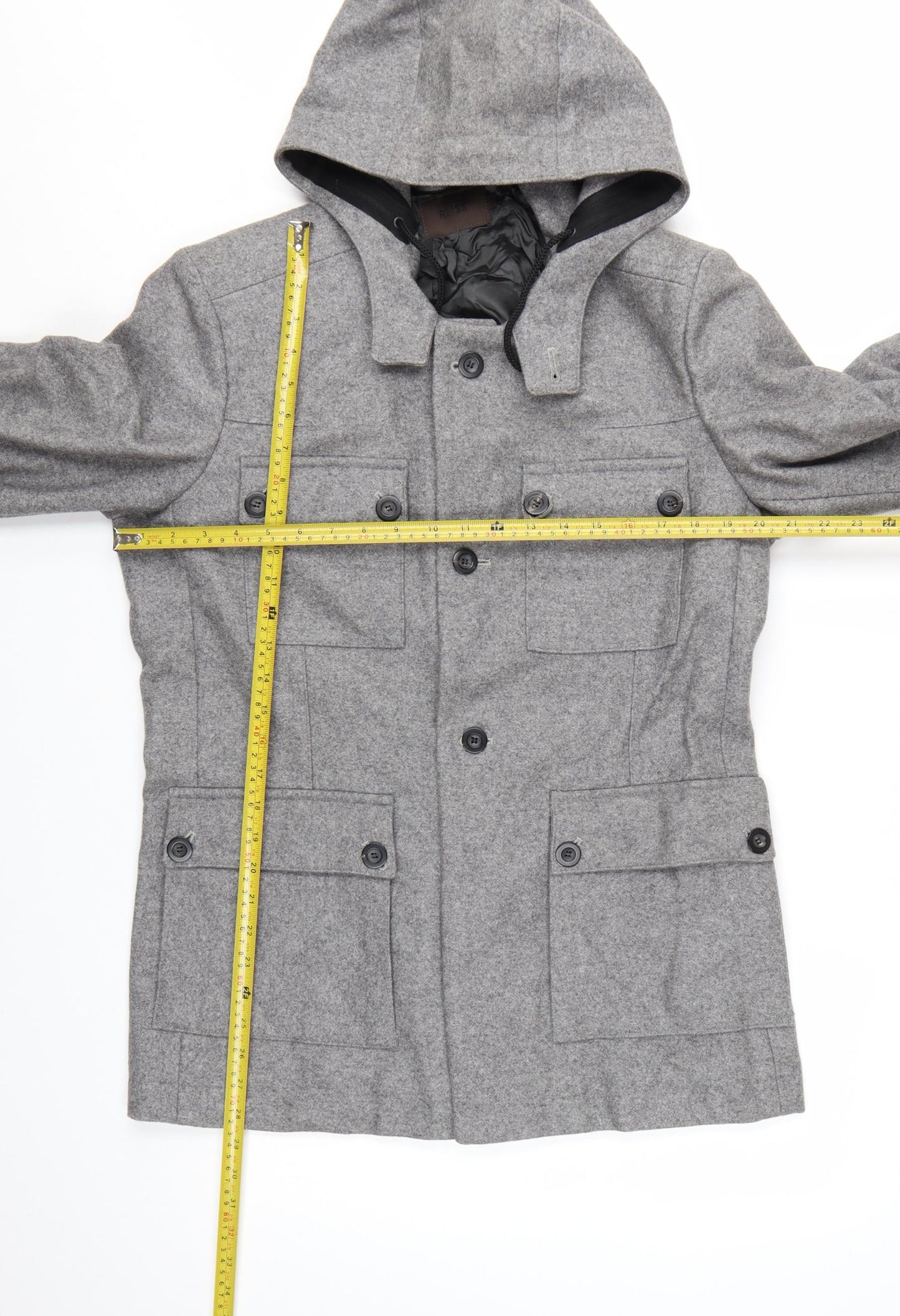 Reiss Men's Grey Wool Hooded Overcoat L 42in Lined Button Casual