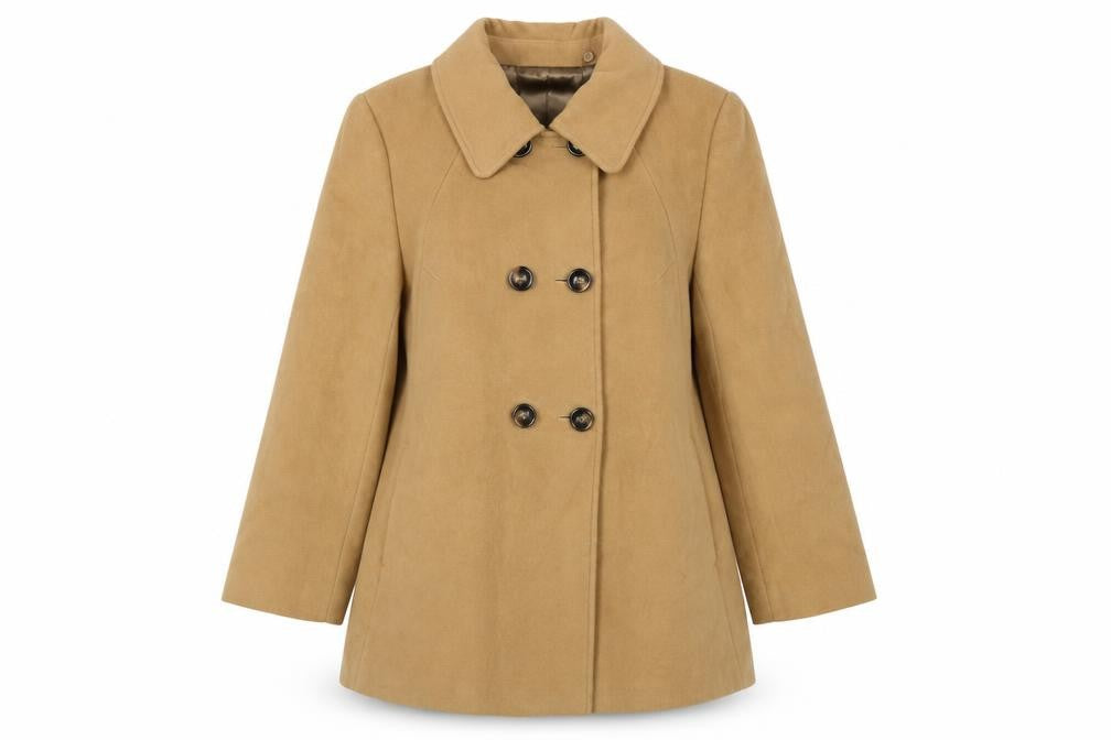 Front view of Country Casuals Petite Women's Beige Wool Pea Coat, size 16, Mid-Length