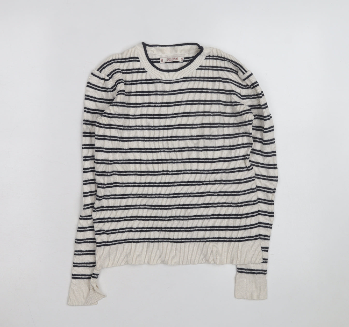 Pull & Bear Womens Ivory Black Striped Crew Neck Knit Jumper Size M