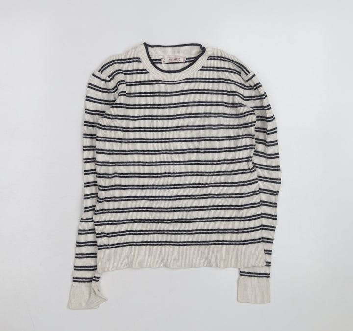 Pull & Bear Womens Ivory Black Striped Crew Neck Knit Jumper Size M