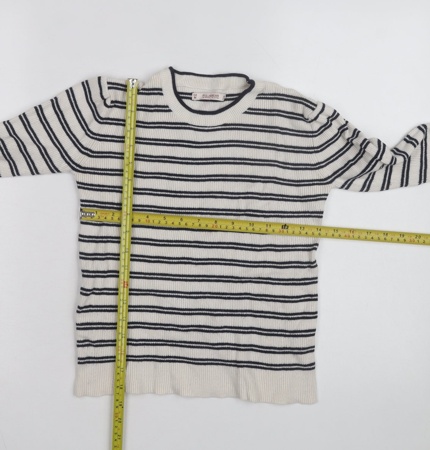 Pull & Bear Womens Ivory Black Striped Crew Neck Knit Jumper Size M