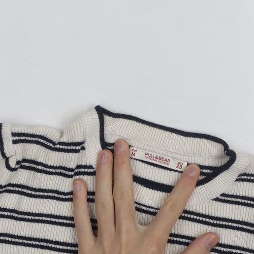 Pull & Bear Womens Ivory Black Striped Crew Neck Knit Jumper Size M