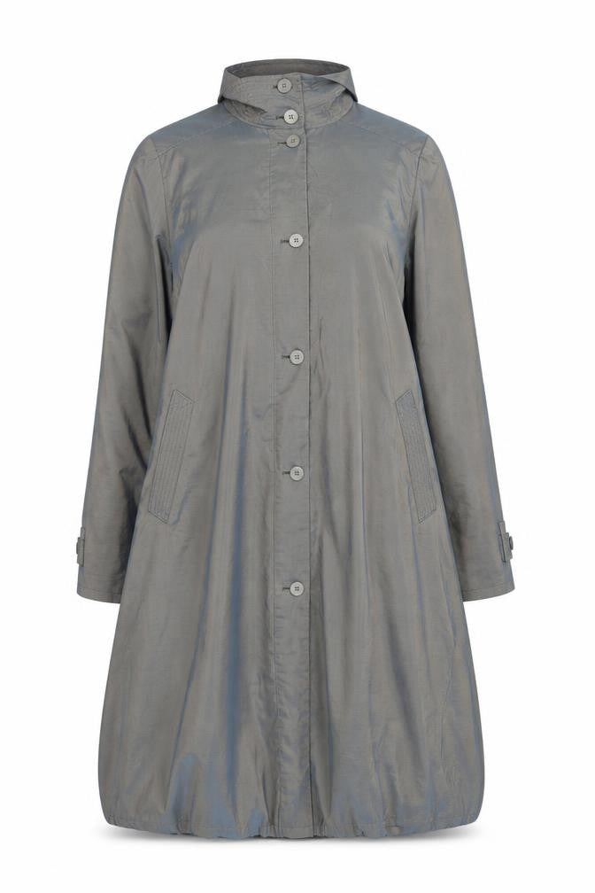 Front view of London Fog women’s grey long rain coat, size UK 8, regular classic style