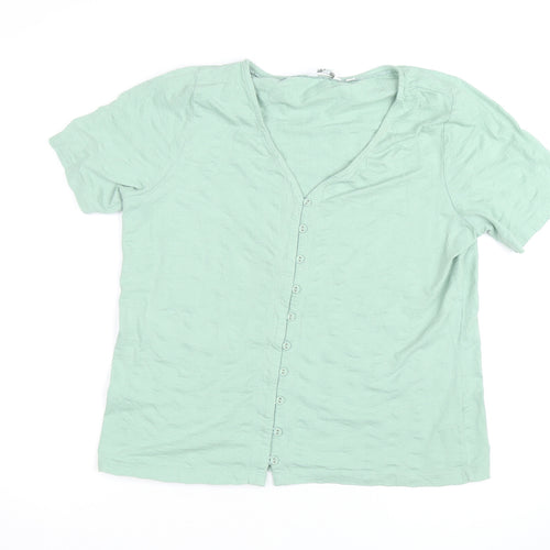 FatFace Women Green Short Sleeve Button-Up Cotton Top Size 16