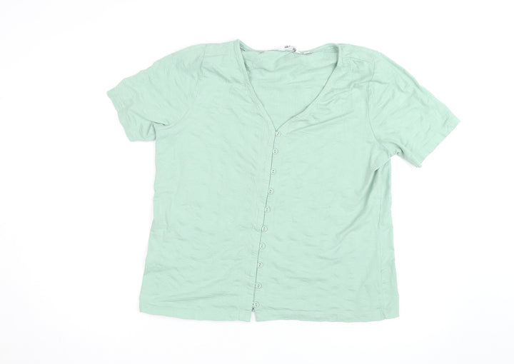 FatFace Women Green Short Sleeve Button-Up Cotton Top Size 16