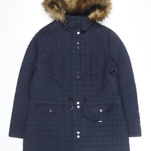 Tu Women's Blue Quilted Faux Fur Hooded Parka Coat Size 16