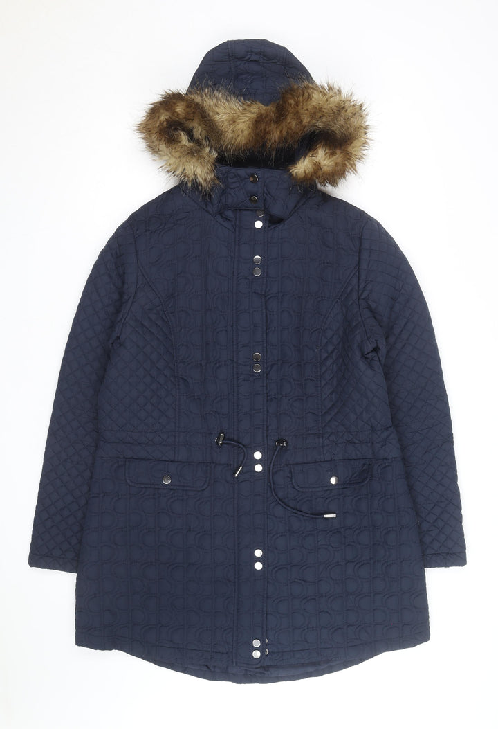 Tu Women's Blue Quilted Faux Fur Hooded Parka Coat Size 16