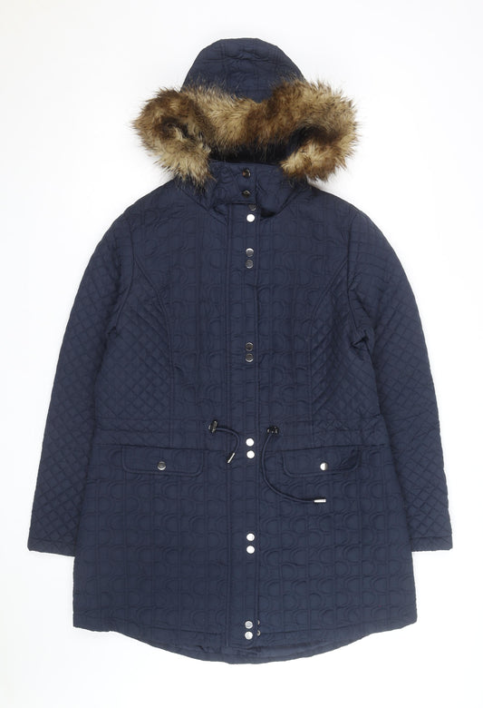 Tu Women's Blue Quilted Faux Fur Hooded Parka Coat Size 16