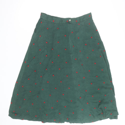 Louche Women’s Green Cotton Midi A-Line Skirt Size 12 Embroidered Ladybird