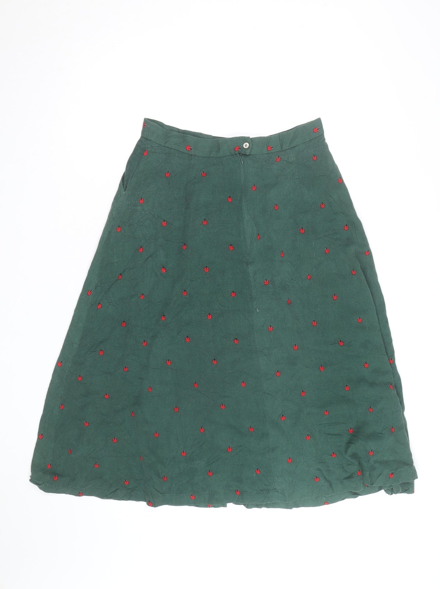 Louche Women’s Green Cotton Midi A-Line Skirt Size 12 Embroidered Ladybird