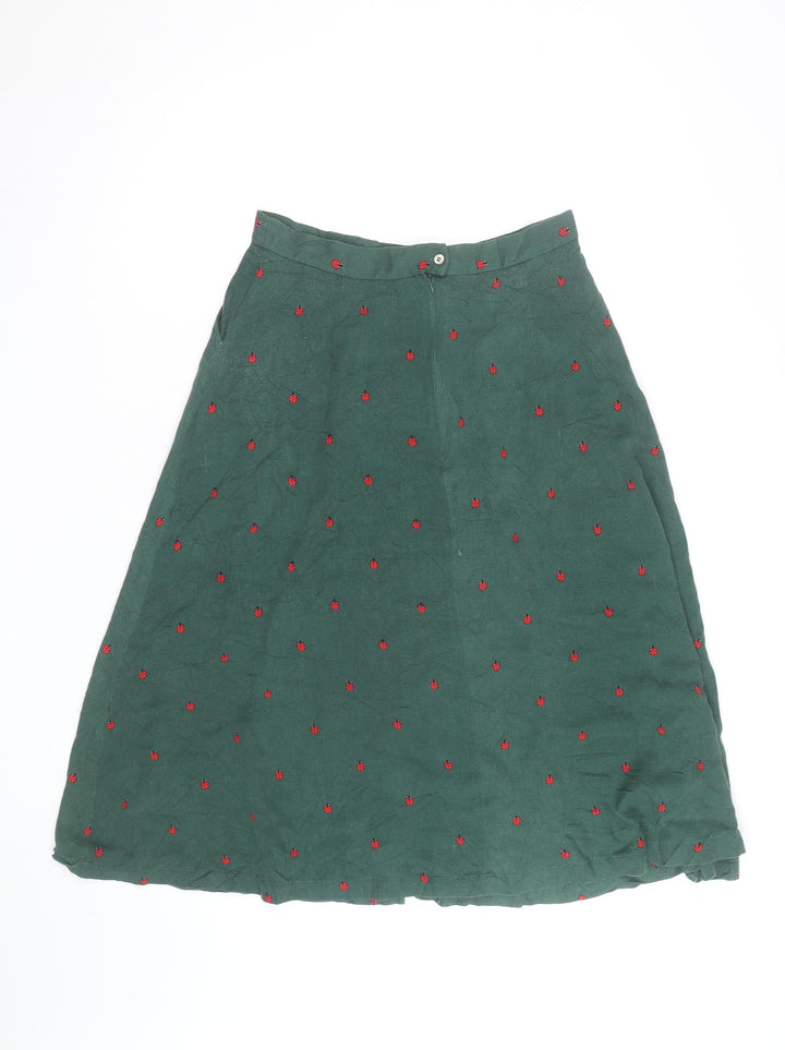 Louche Women’s Green Cotton Midi A-Line Skirt Size 12 Embroidered Ladybird