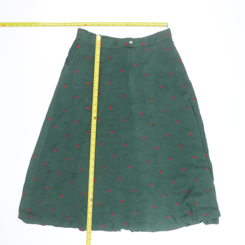 Louche Women’s Green Cotton Midi A-Line Skirt Size 12 Embroidered Ladybird