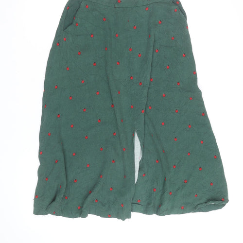 Louche Women’s Green Cotton Midi A-Line Skirt Size 12 Embroidered Ladybird