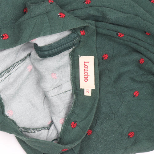 Louche Women’s Green Cotton Midi A-Line Skirt Size 12 Embroidered Ladybird