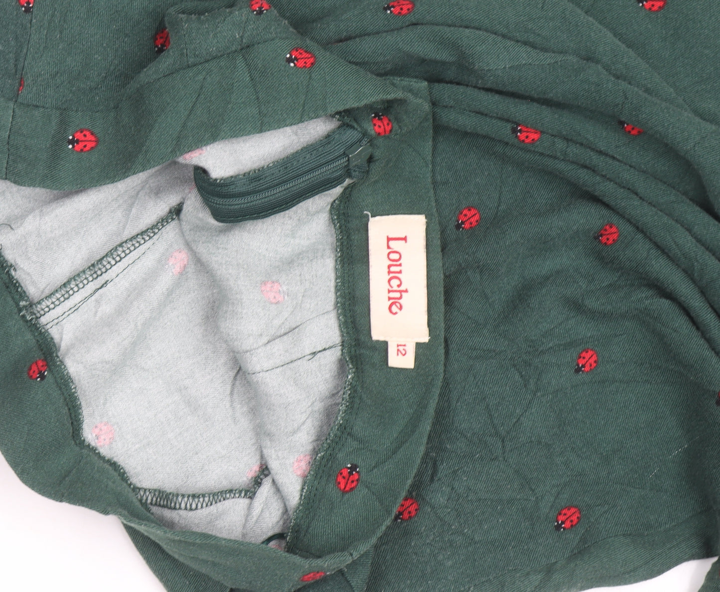 Louche Women’s Green Cotton Midi A-Line Skirt Size 12 Embroidered Ladybird