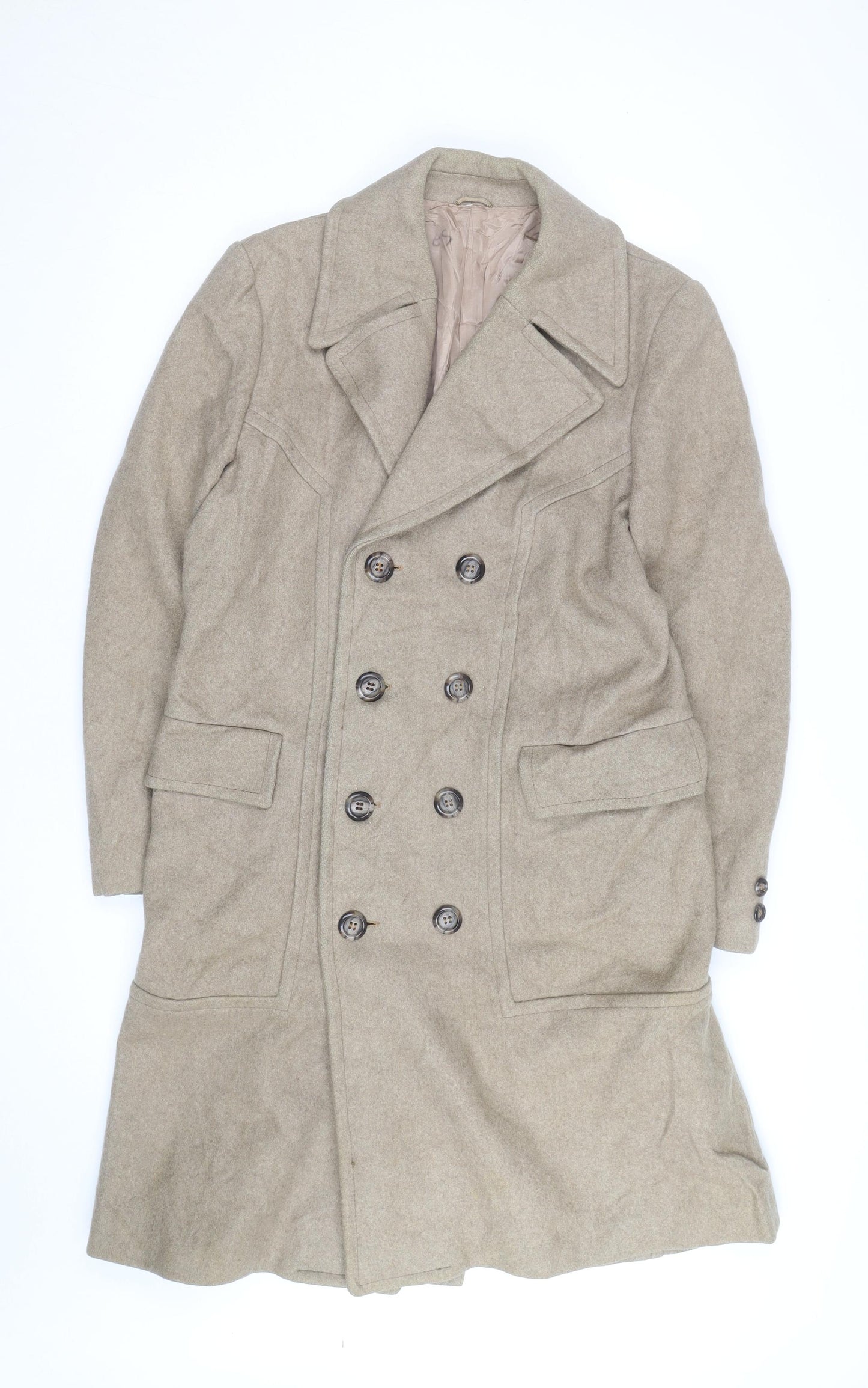 Club International Men's Beige Wool Overcoat Size 42 Classic Long