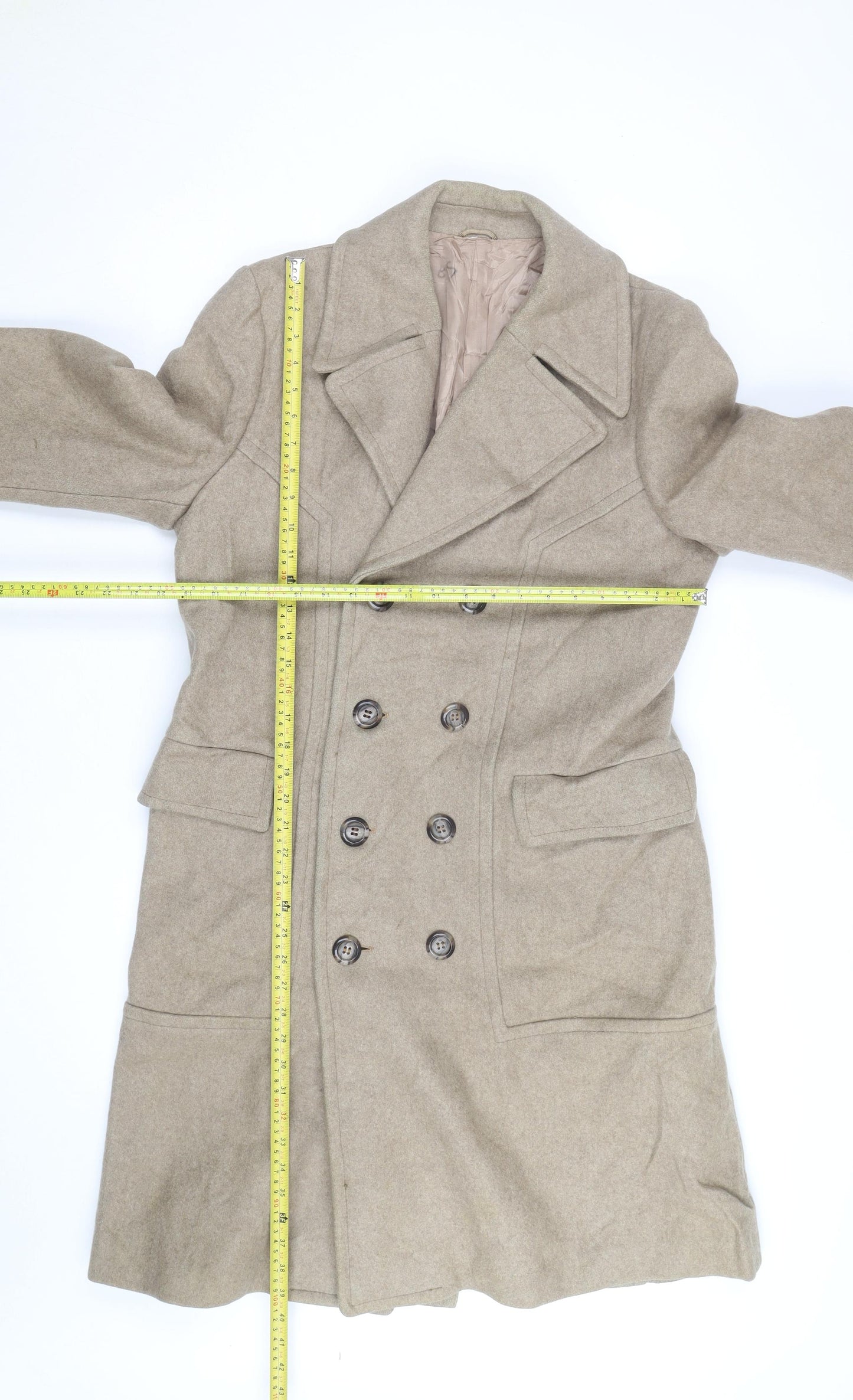 Club International Men's Beige Wool Overcoat Size 42 Classic Long