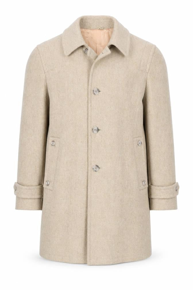 Front view of Anderson Little Men's Beige Wool Overcoat, size 38, Classic Mid-Length