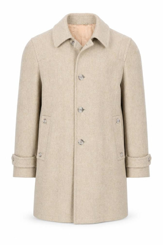Front view of Anderson Little Men's Beige Wool Overcoat, size 38, Classic Mid-Length