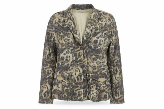 Front view of Elie Tahari Women’s Beige Animal Print Blazer Jacket, size M