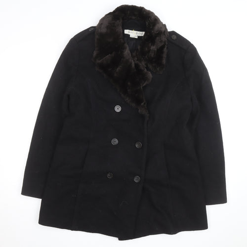 Larry Levine Women's Black Wool Blend Pea Coat Size 8 Fur Trim