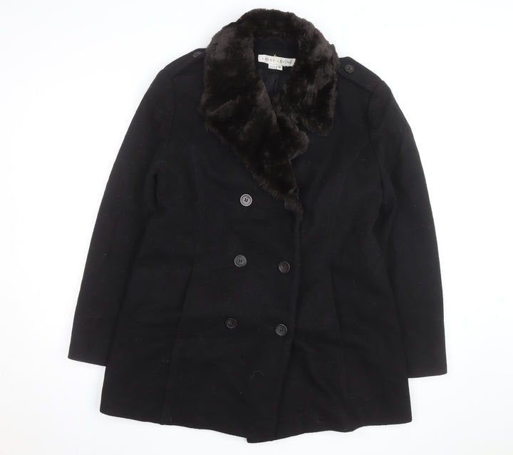 Larry Levine Women's Black Wool Blend Pea Coat Size 8 Fur Trim